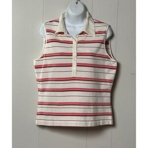 Ann Taylor Women Sleeveless Polo Shirt Striped Pink White Cotton Blend Top Sz XL